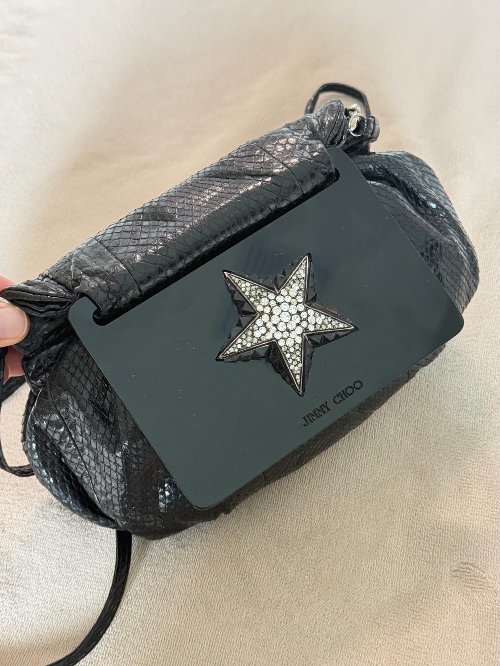 Jimmy Choo Black Snakeskin-Effect Shoulder Bag with Crystal Star